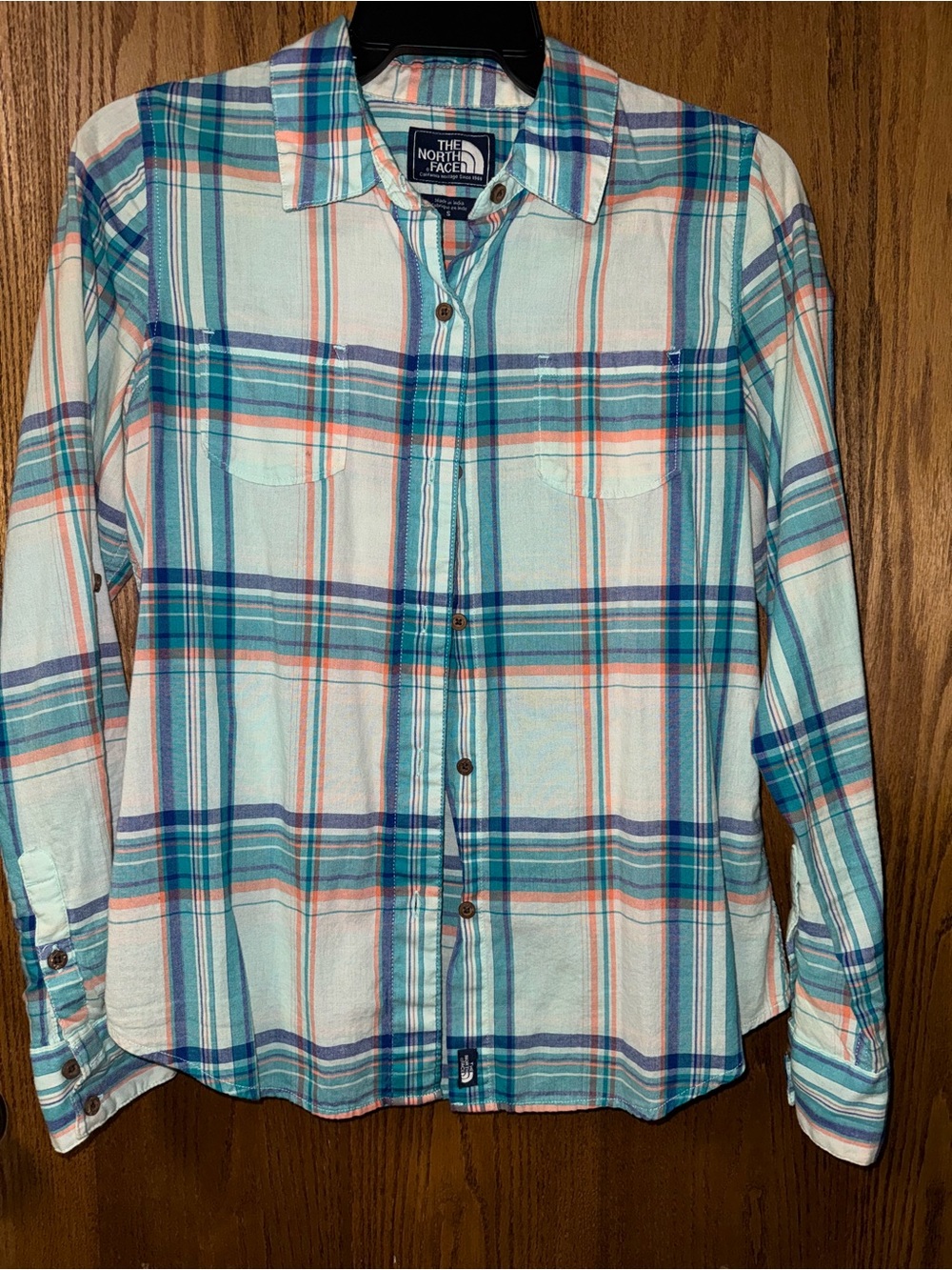 The North Face Women’s Plaid Button-Up Shirt in Teal & Coral